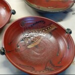 pasta bowl fish motif green glaze accent